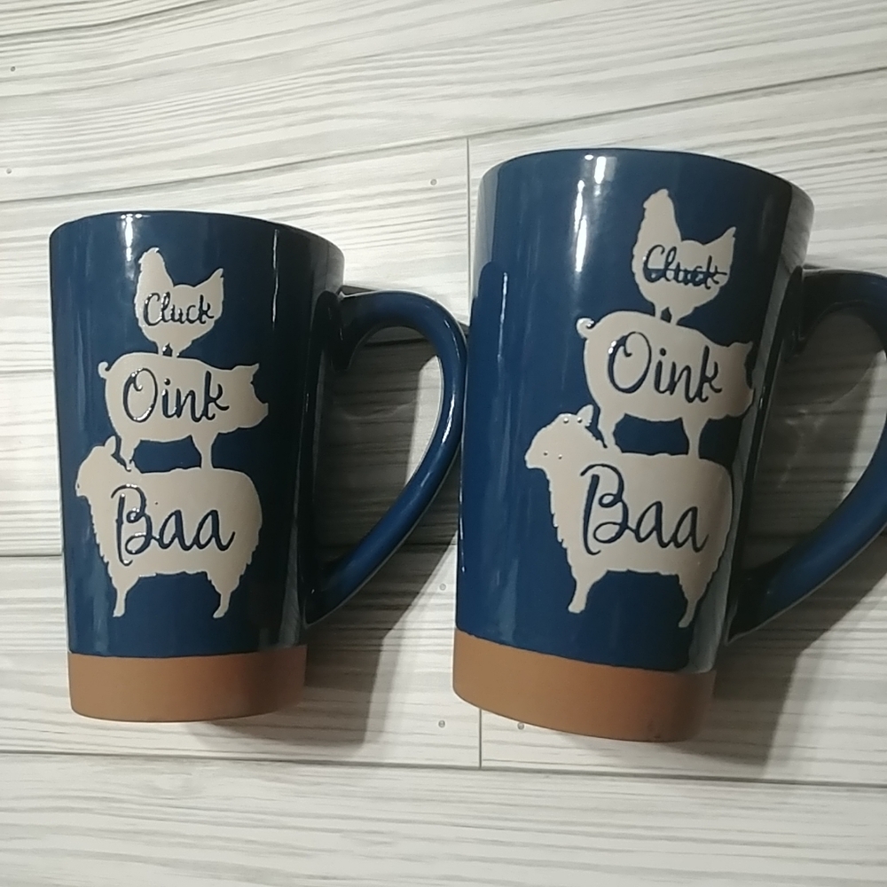 Set of 2 Chicken Pig Sheep Coffee Mug CLUCK OINK BAA Embossed Tall Coffee Cup